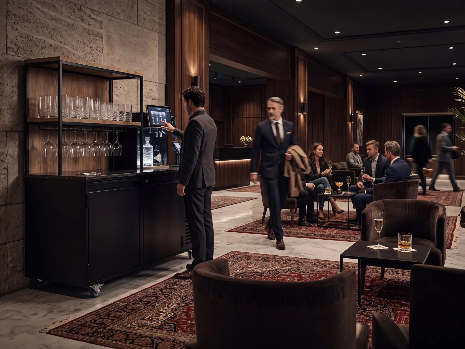 AuraBar frei platziert in einer Hotellobby, ein Gast bedient das Display.
