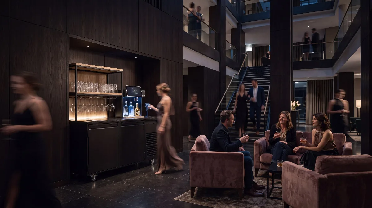 Gäste sitzen abends mit Drinks in der Hotellobby, im Hintergrund die AuraBar.