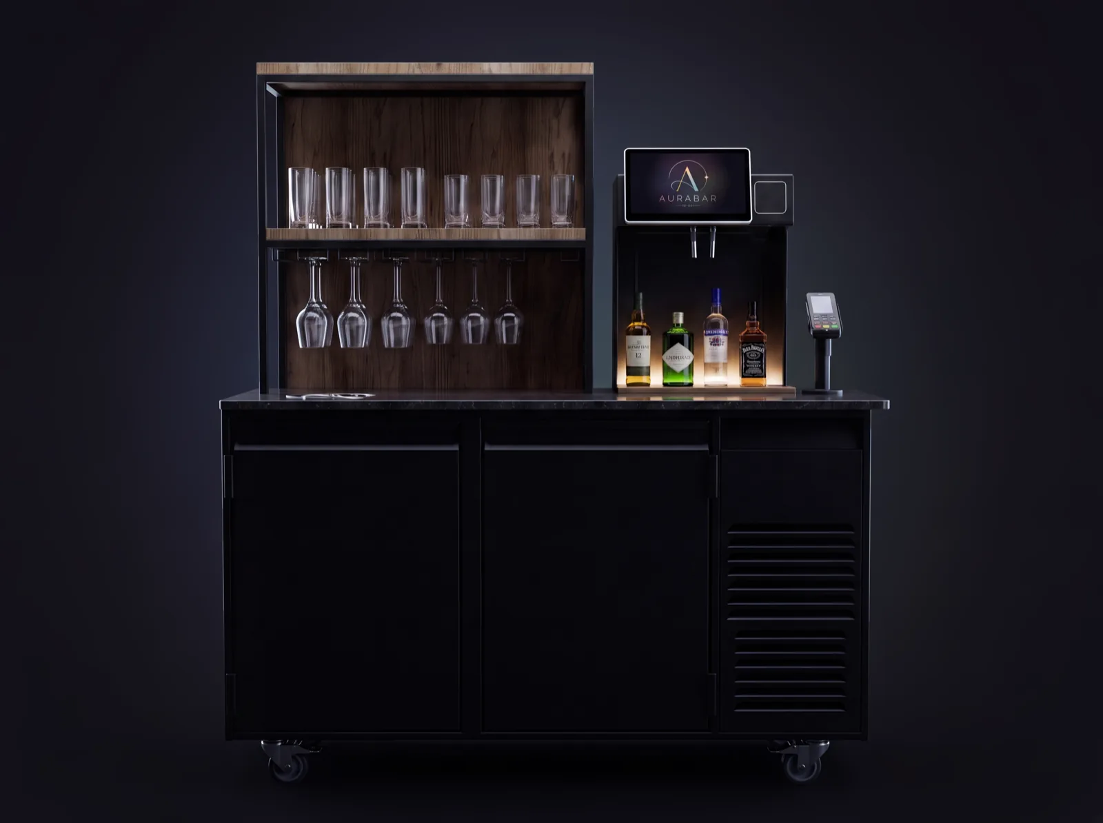 AuraBar frontal: Eichenregal mit Gläsern, Touch-Display und Zahlungsterminal.